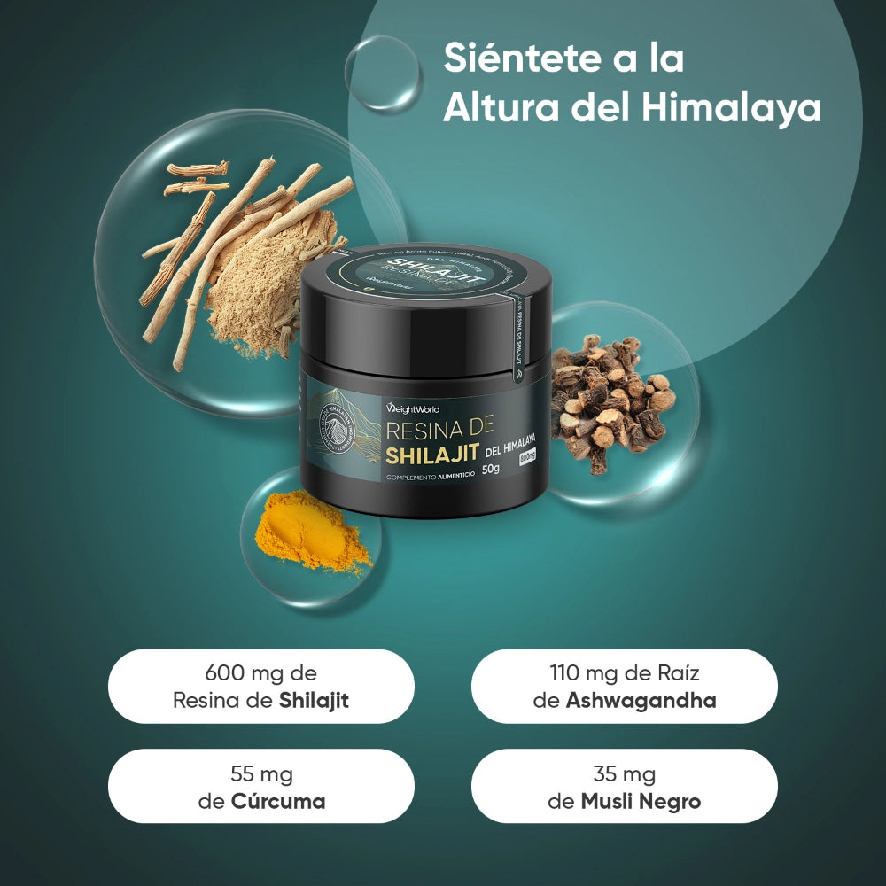 Ingredientes naturales Shilajit con Ashwagandha y Cúrcuma beneficios