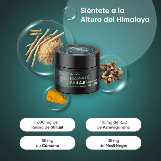 Ingredientes naturales Shilajit con Ashwagandha y Cúrcuma beneficios